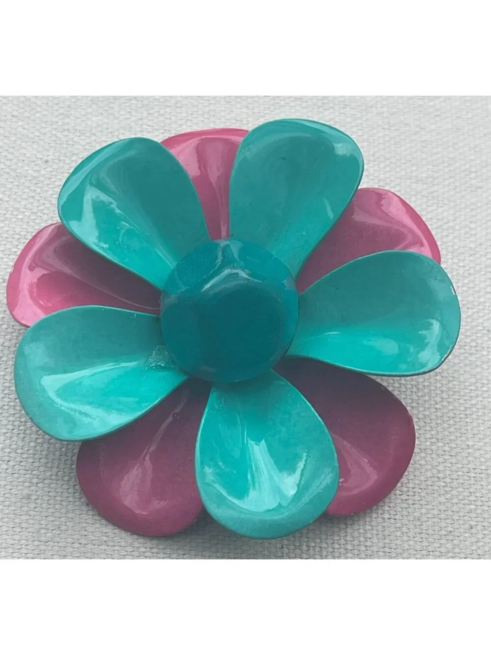 Vtg Flower Power Enamel Brooch Teal & Hot Pink Layered Petals Retro Mod MCM Desi